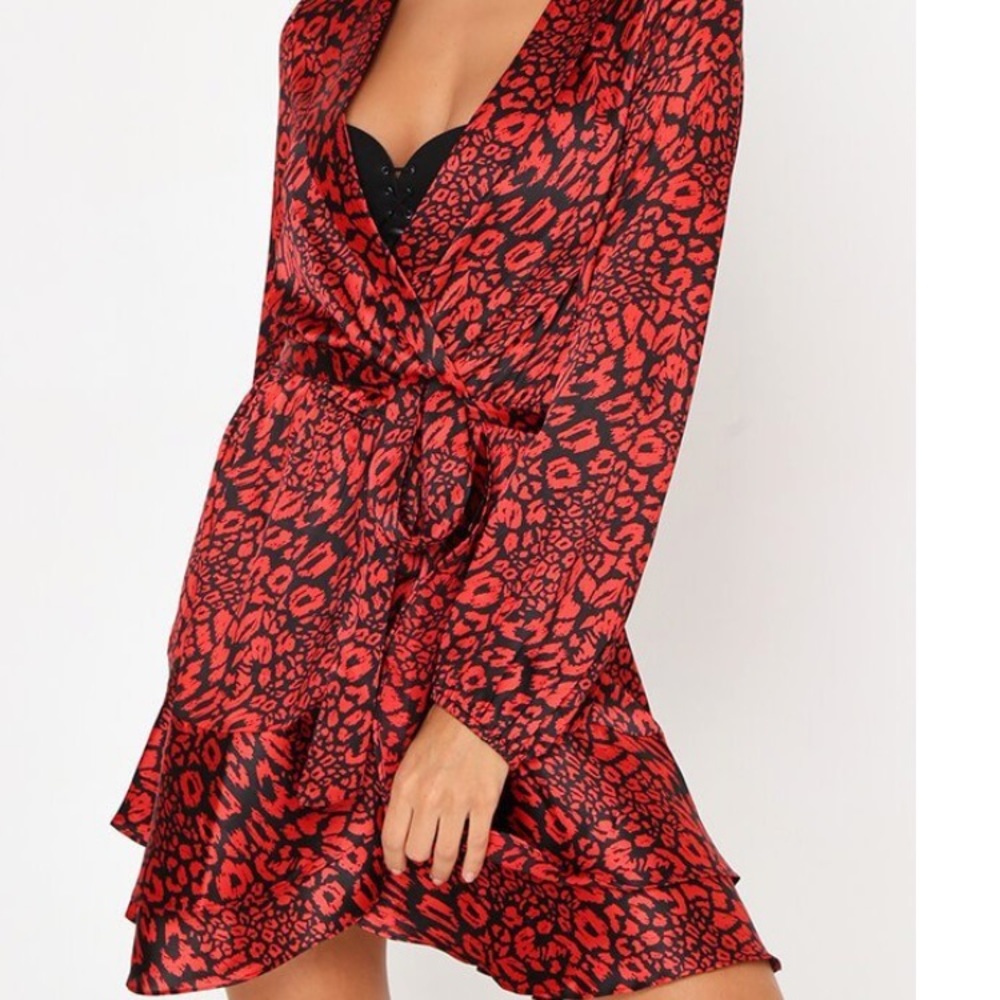 Red and black leopard wrap dress